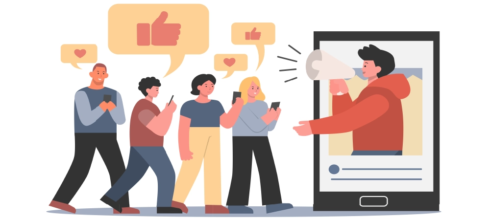 Influencer in Smartphone holding megaphone and speak with followers who like and love him