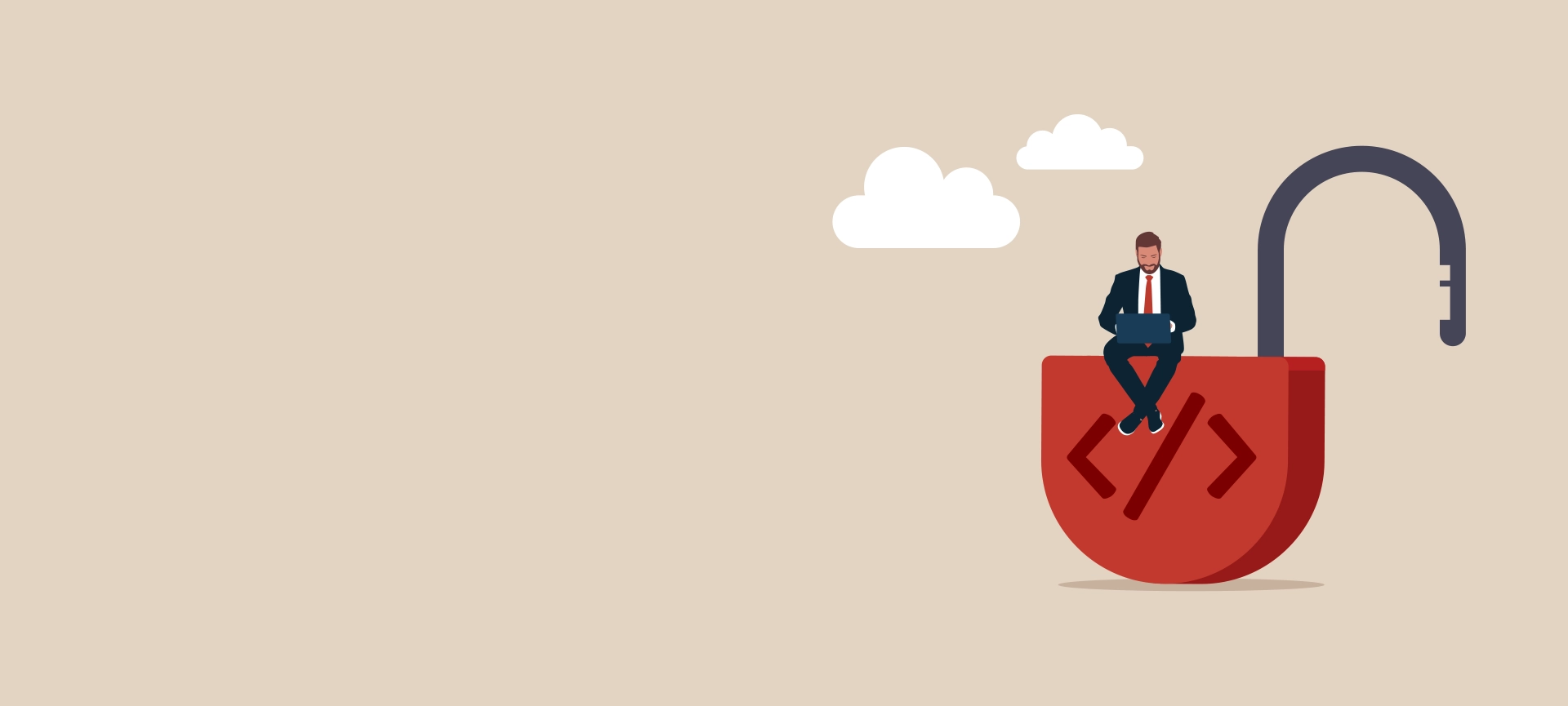 businessman sitting on open lock icon symbolizing SEO meta tag