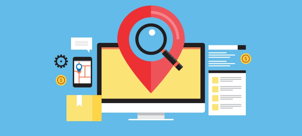 digital map search icon on computer screen for seo and location-based online marketing