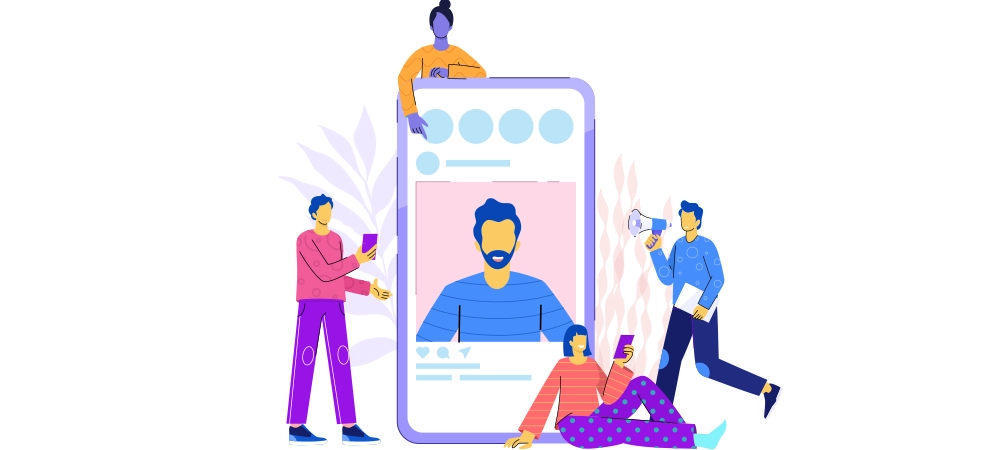 social media marketing vector concept illustration, happy woman and men give like comment on Instagram