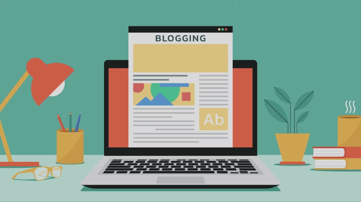 Laptop with blogging website on screen with images and green background