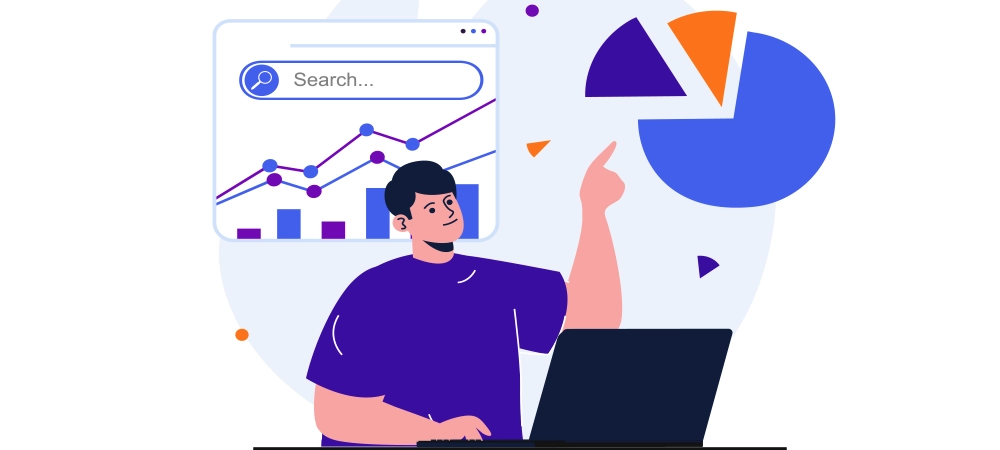 Seo analysis modern flat concept for web banner design. Man analyzes data, adjusts search results, raises rating, increases traffic, works at laptop.