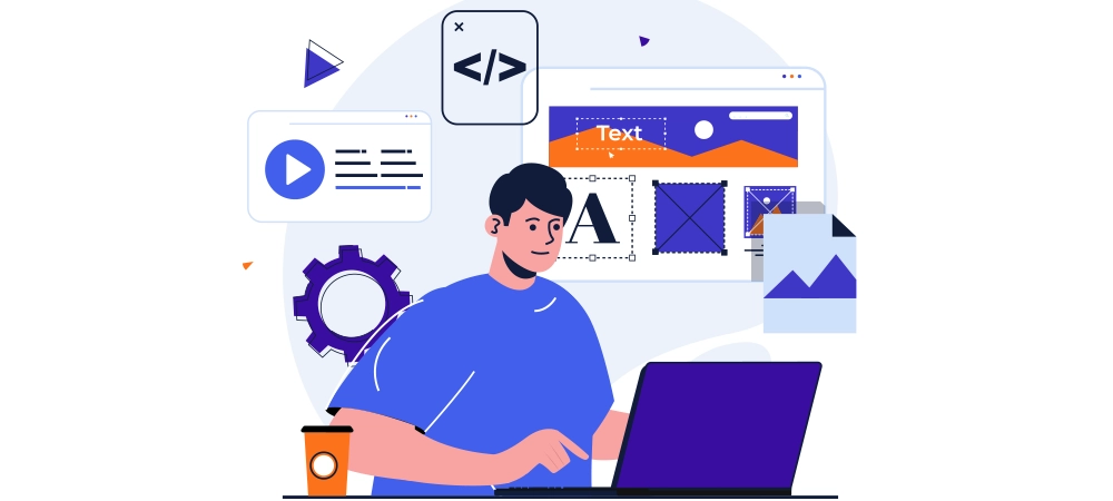 Man working with website layout, places images and other graphic elements, optimized page code
