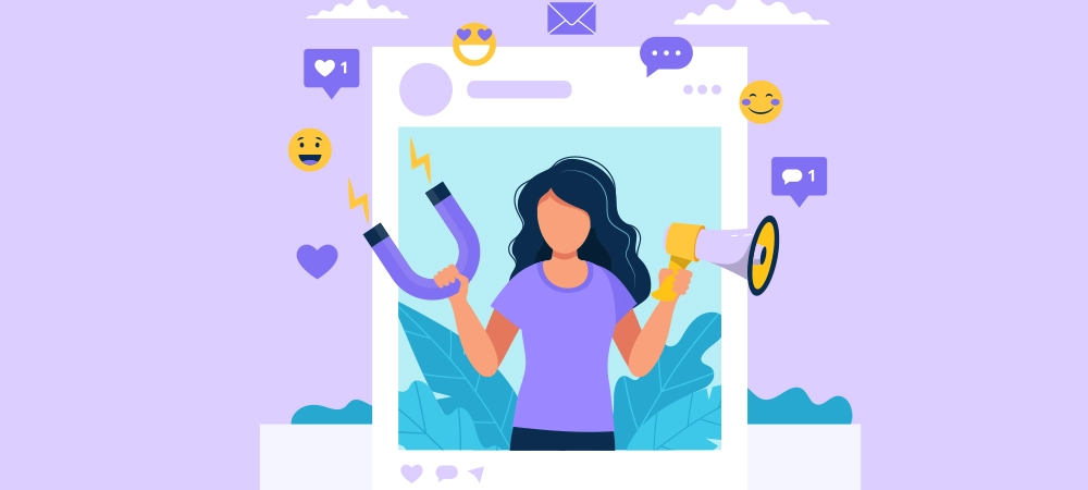 Social media influencer. Illustration with woman holding megaphone and magnet in the social profile frame.