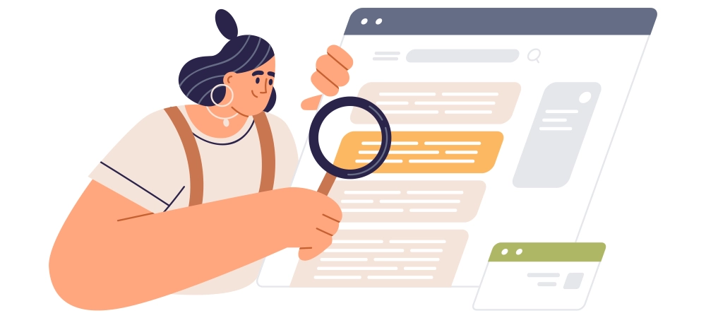 Internet user during online search of data, information. Web analysis and CEO concept. Person checking, analyzing SERPs with magnifying glass. Flat vector illustration isolated on white background