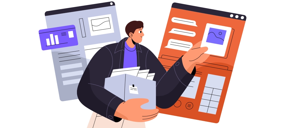 Content manager upload data in web app, website. Worker add photo in online chat. Designer update digital product, interface. Man hold box with information