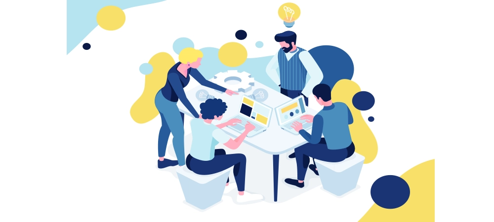A creative team of people working on a project, a team analytic brainstorming method. Teamwork at the idea.