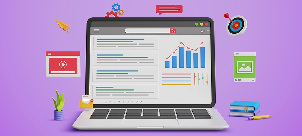 SEO tools, top search ranking, website promotion, search engine optimization, website SEO, organic search ranking. Website search results ranking on a 3D laptop