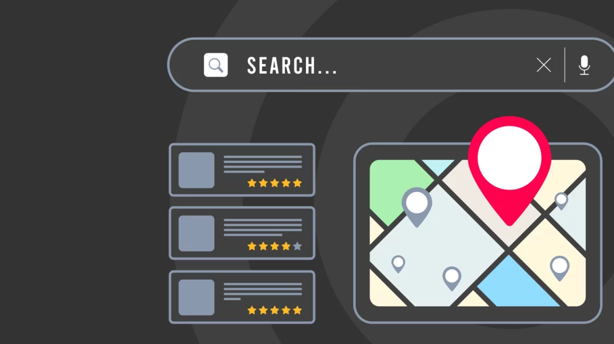 Local Search - small business seo marketing strategy based on consumer near me searches. Browser with local business