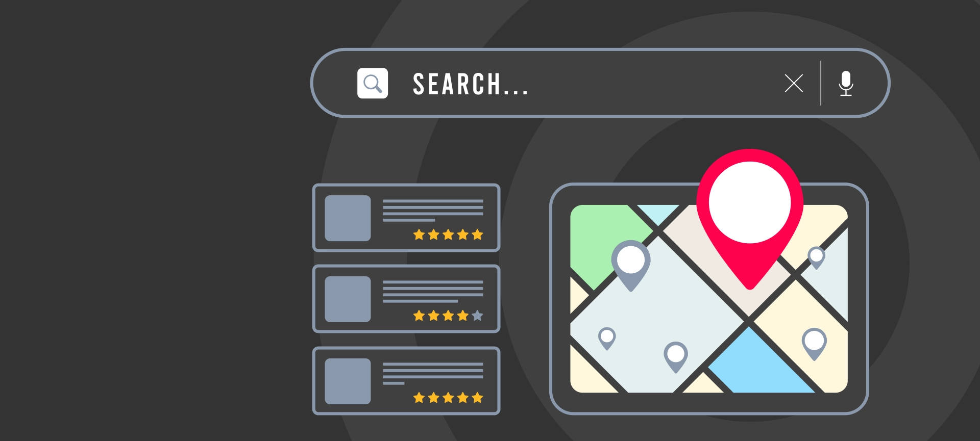 Local Search - small business seo marketing strategy based on consumer near me searches. Browser with local business