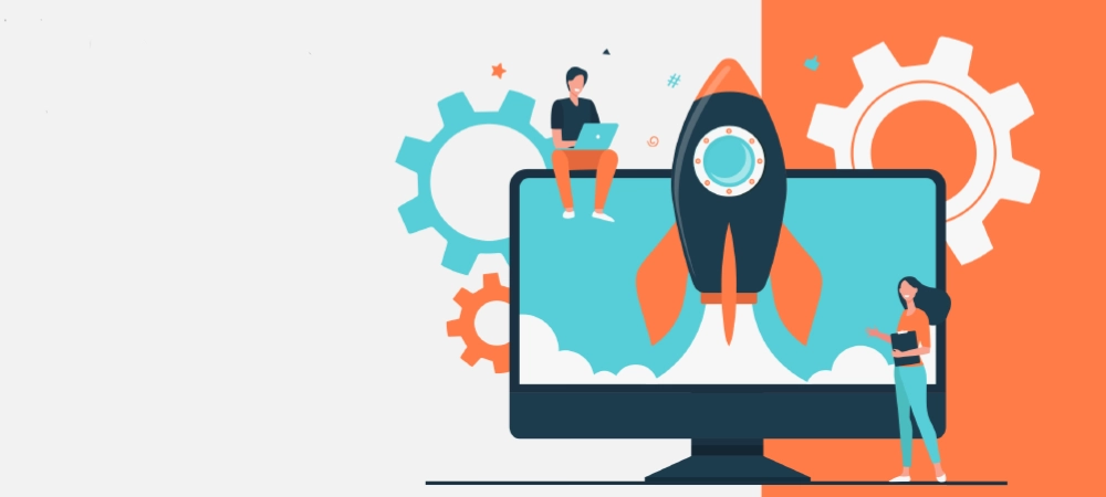 Tiny character launching startup rocket. Business and website launching concept