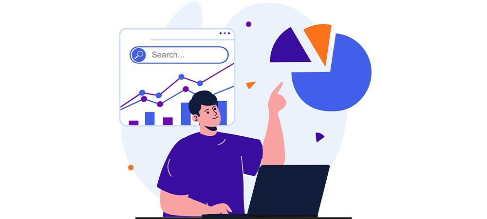 Man analyzes data, adjusts search results, raises rating, increases traffic, works at laptop.
