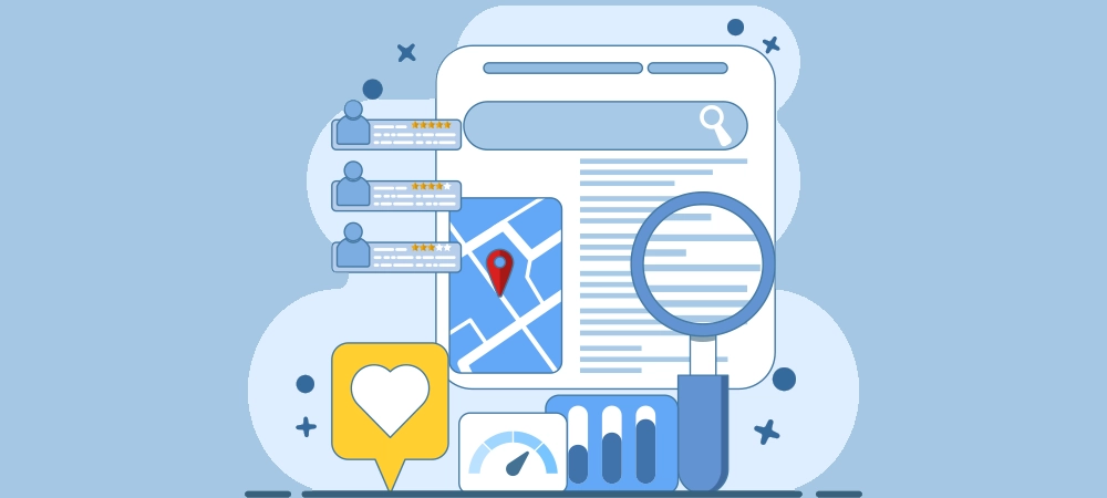 SEO map optimization concept, Business appears on search engine results page with location and customer ranking, Business listing on search engine