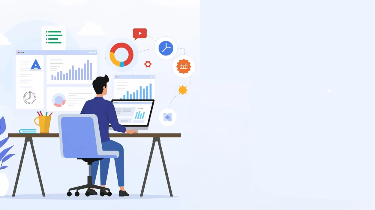 Future of Google Ads 2025 illustration: marketer analyzing PPC campaigns, AI automation and performance metrics
