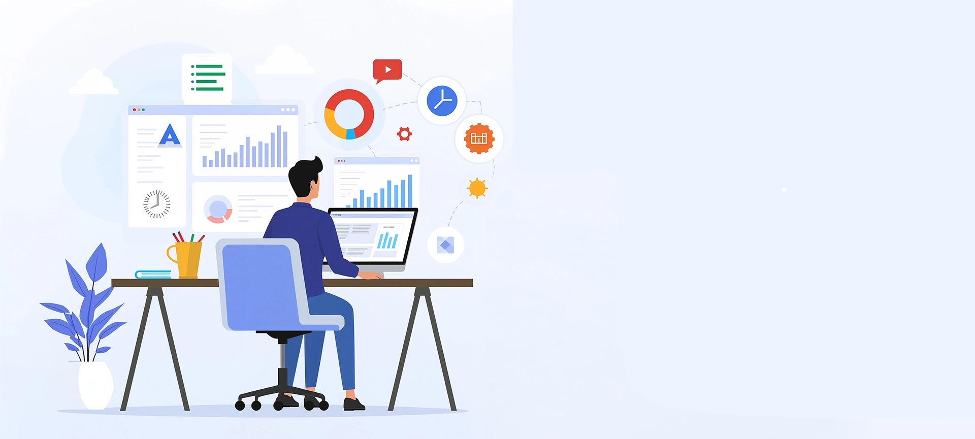 Future of Google Ads 2025 illustration: marketer analyzing PPC campaigns, AI automation and performance metrics