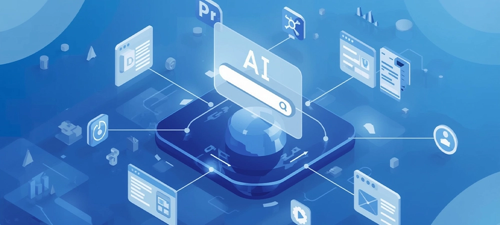 AI search overview panel pulling information from multiple authoritative sources. Several content cards from different websites float around an AI engine at the center, connected by glowing lines. Additional icons show digital PR, citations, multimedia elements, and video thumbnails.