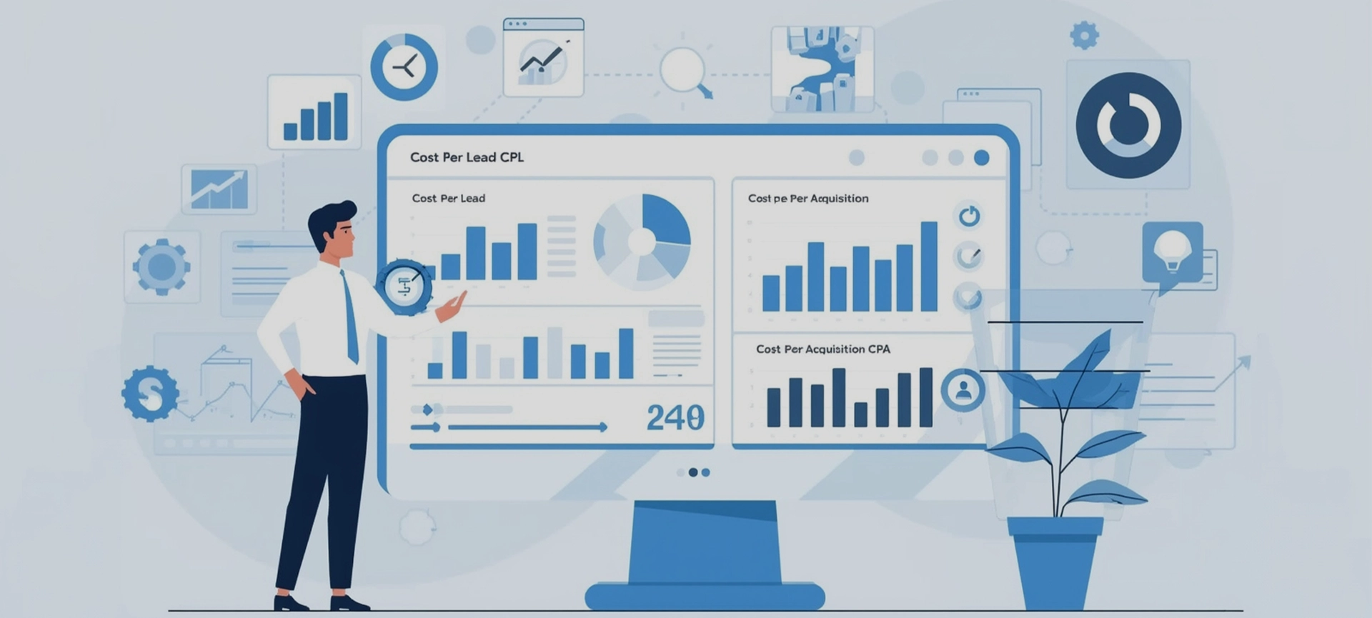 cost-per-lead-vs-cost-per-acquisition-2025 comparison illustration showing marketing metrics and charts