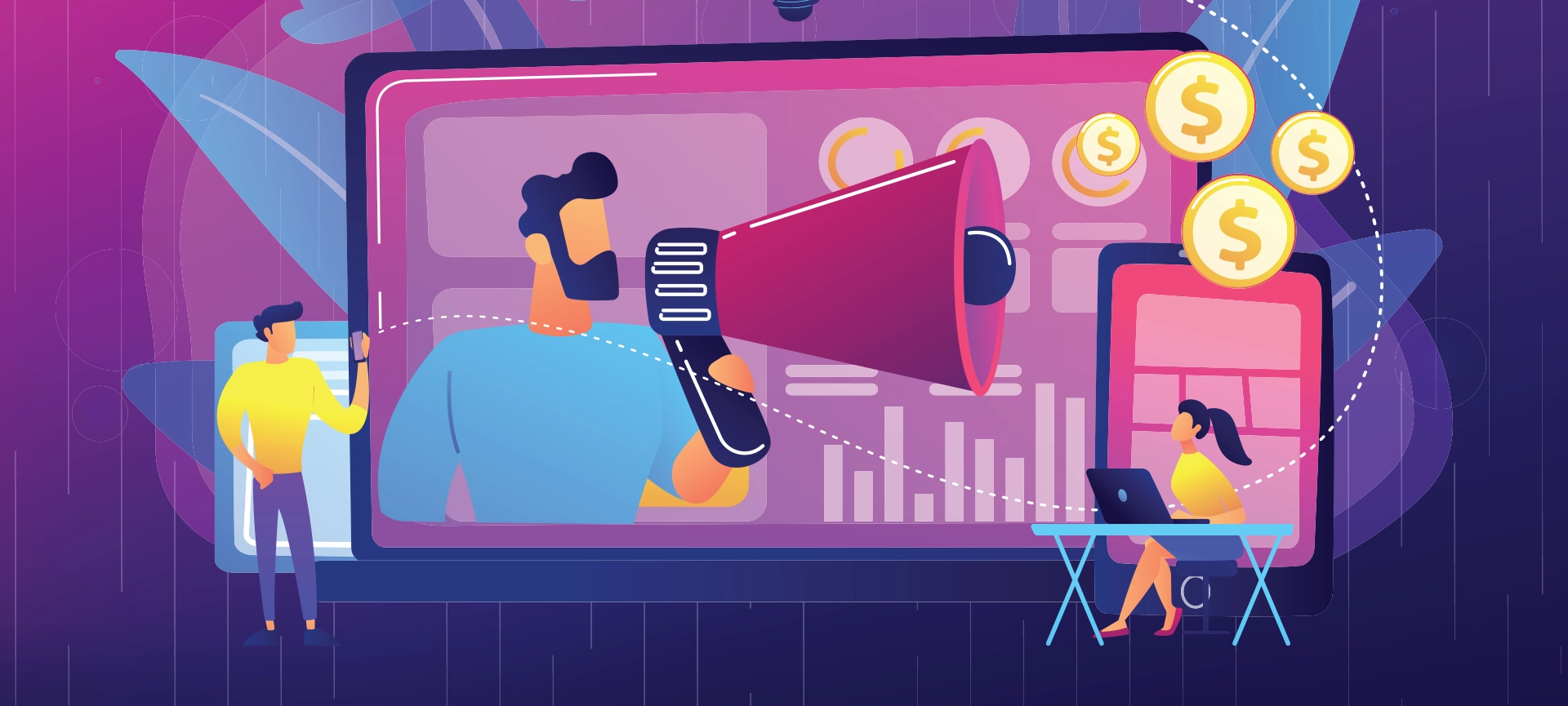 Marketer deliver ads with megaphone and devices. Cross-device marketing, cross-device marketing analysis, strategy concept