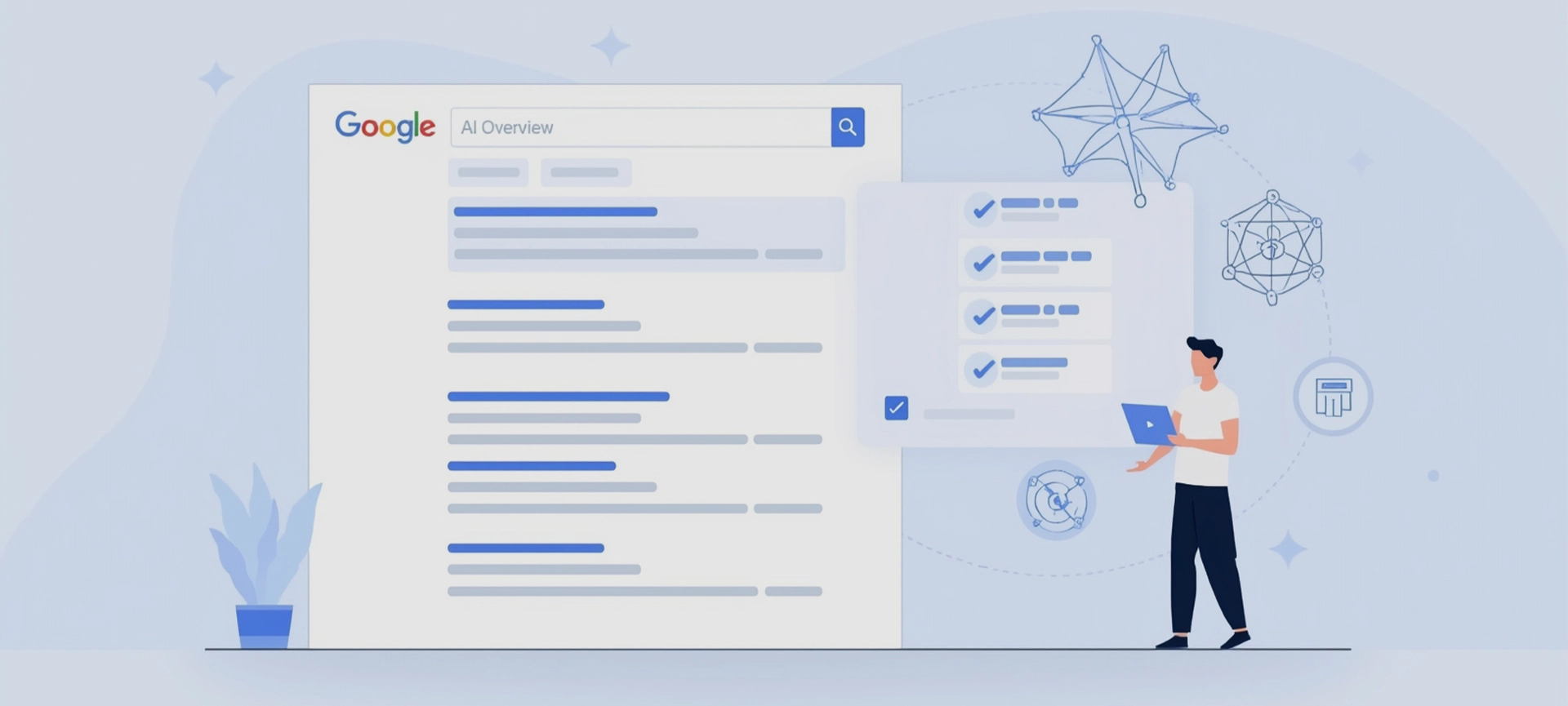 Google search results with AI Overview box highlighted. AI summary as glowing panel, marketer analyzing SEO with icons