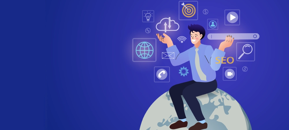 A digital marketing specialist sits on a globe, managing a global SEO campaign. The virtual interface with search and data icons represents an international search engine optimization strategy.