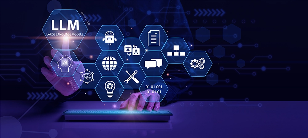LLM, AI Large Language Model concept. Businessman working on laptop with LLM icons on virtual screen. A language model distinguished by its general-purpose language generation capability. Chat AI.