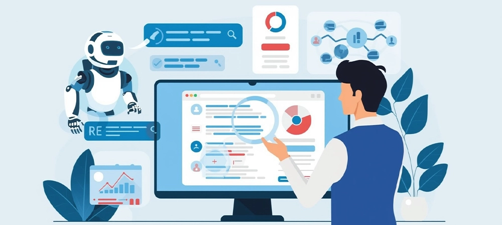 Vector illustration of a business team analyzing AI chatbot search data and brand mentions