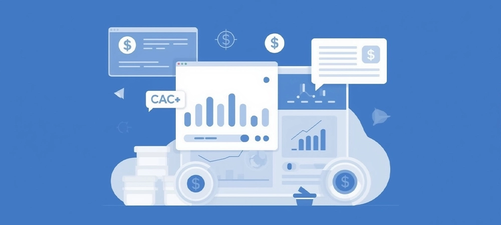 Flat illustration showing Customer Acquisition Cost (CAC) concept with charts and metrics
