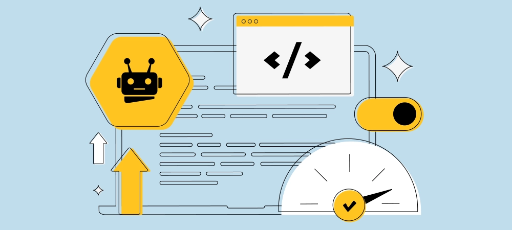 Technical SEO illustration featuring AI crawler, code snippet and speed indicator, symbolizing page speed optimization. AI SEO tools, code improvement and search engine crawler. Vector illustration
