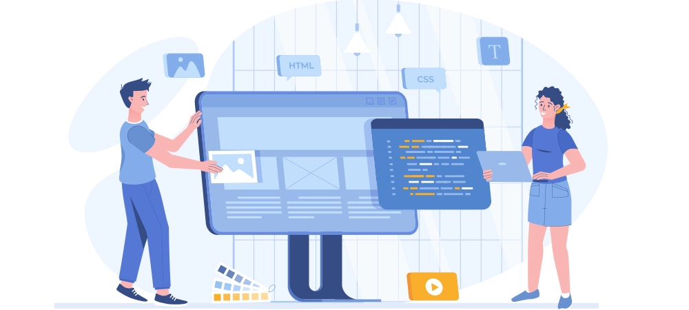 Front end development. Website interface, front end developer, web page design, user experience. Vector illustration with characters in flat design for web banner.