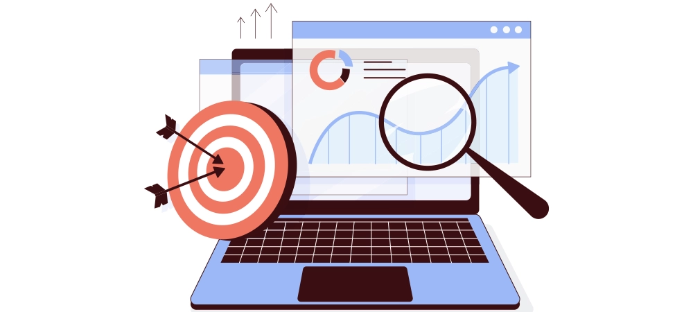 Digital marketing, social media market or advertising concept design. Character working at business project strategy and analyzing data. Vector illustration set