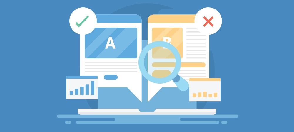 AB testing, Website landing page AB testing, Social media advertising AB testing, Analysis of AB testing - vector illustration background with icons