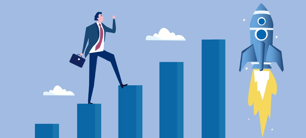 businessman on growth chart launching rocket.Boost rocket to business growing fast, investment growth, start or launch new business, innovation to boost success, rising up and improvement concept.
