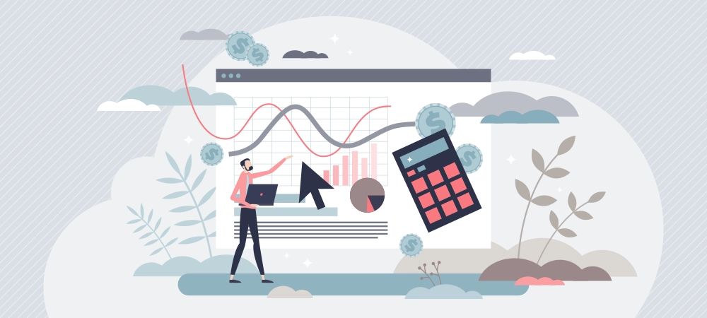 Cost per acquisition or CPA as advertising measurement tiny person concept. Analytic method for web pricing and interest. Marketing efficiency tool to calculate campaign strategy vector illustration.