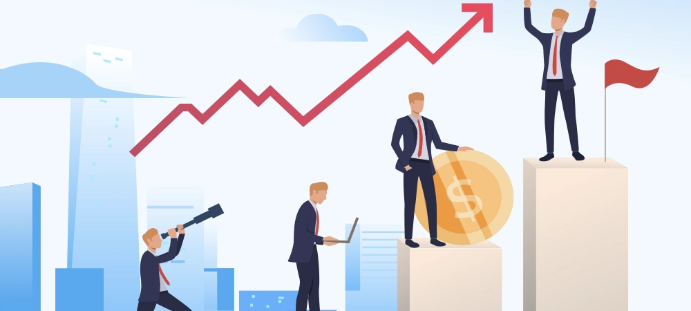 Businessman achieving success vector illustration. Office worker on different steps of career ladder planning, working on laptop, earning money. Business development, success concept