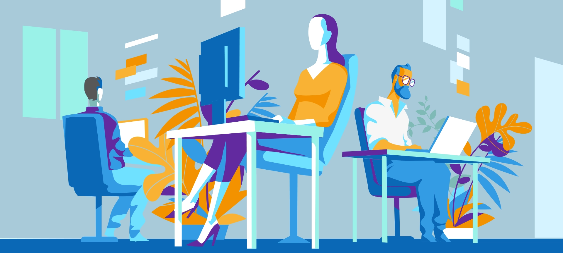 A group of office workers at their desks sharing digital information