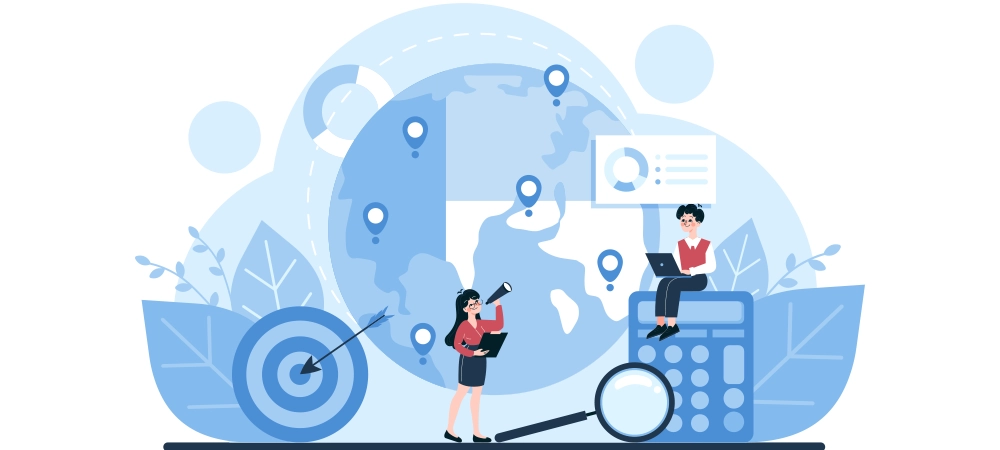 Geographic Segmentation concept. Illustration depicts global market analysis with a focus on regional consumer targeting and strategy development. Vector illustration