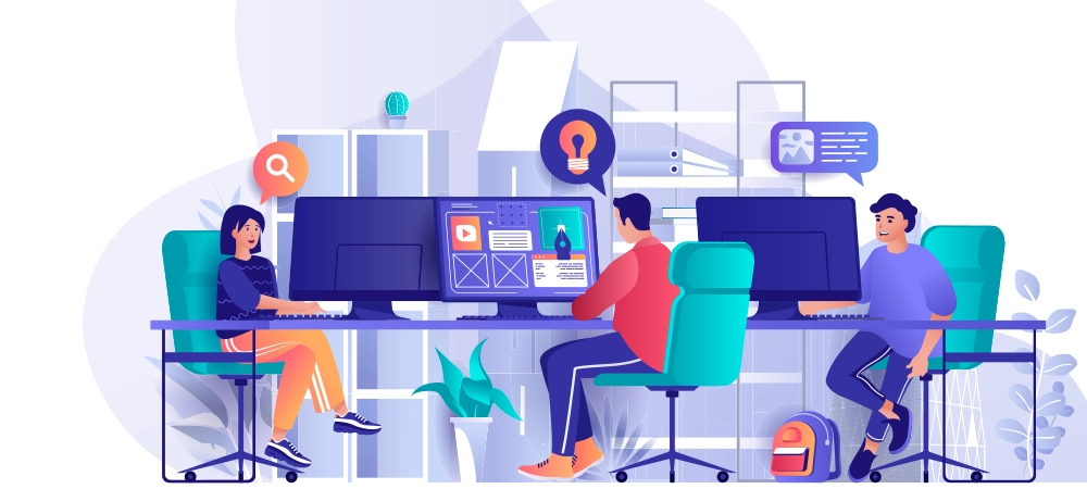Designers agency concept in flat design. Creative team working together in office scene template. Website layout development, usability, ui design. Vector illustration of people characters activities