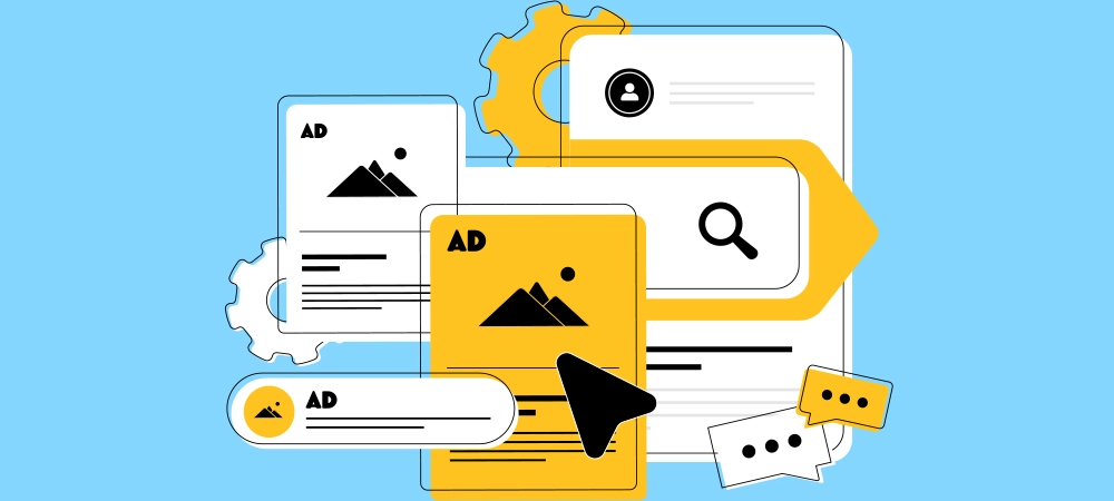 Search retargeting strategy where ads follow users based on previous search queries and intent signals, improving engagement and click-through rate. Search retargeting advertising vector illustration
