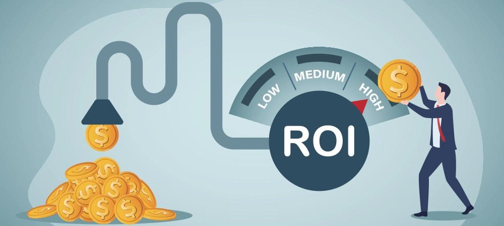 ROI, return on investment performance measure from cost invested and profit efficiency.High risky and high payback. Businessman invest money coin in ROI box to get return profit.