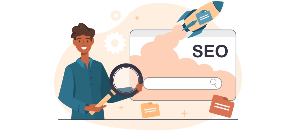 Concept of SEO. Man with magnifying glass looks at rocket. Specialist enters key articles, website optimization for search engines, algorithms, digital, template. Cartoon flat vector illustration
