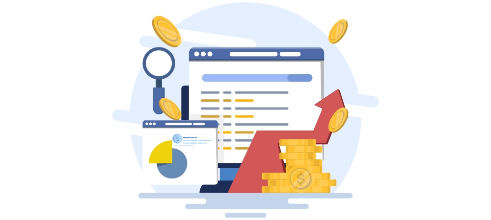 Search engine marketing analysis concept, Data marketing, Paid marketing campaigns, Pay per click. SEO optimization, Digital marketing and paid promotion on social media networks, Vector illustration.