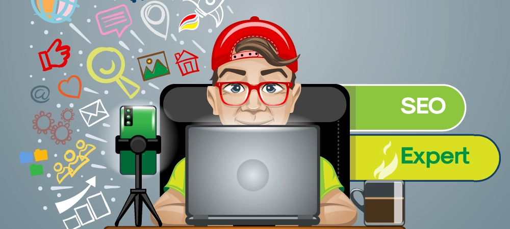 Trendy guy in a red cap and glasses at the laptop works as Seo Expert.