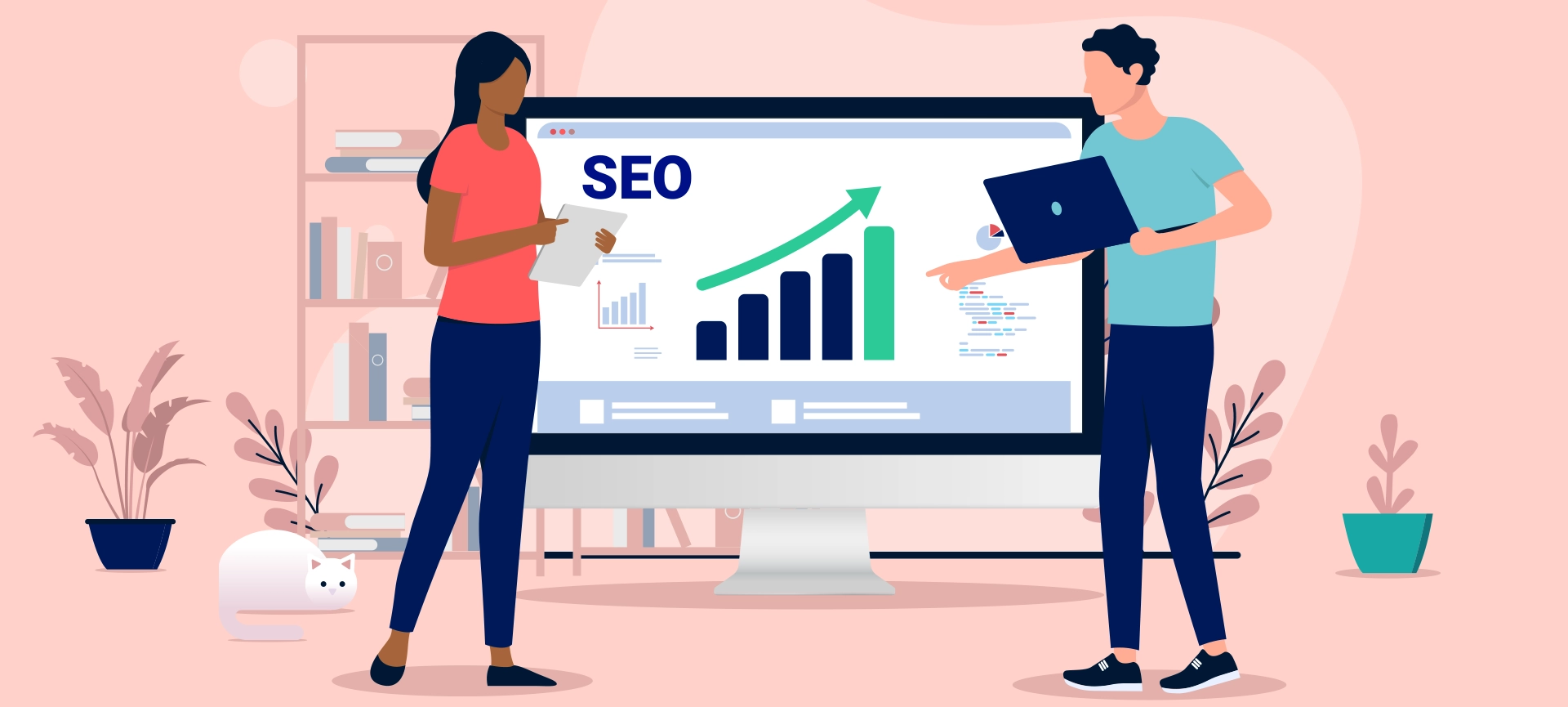 SEO work - People working with search engine optimisation on computer, showing charts and graphs with growth and success.