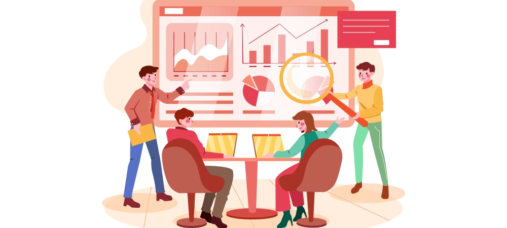 Marketing Team Discussing Market Trends In Meeting Illustration concept. Flat illustration isolated on white background