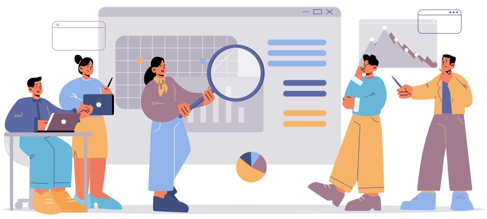 Team of people work with SEO analytic data. Concept of business analysis of search engine optimization in Internet. Vector flat illustration of teamwork in office with graphs and charts