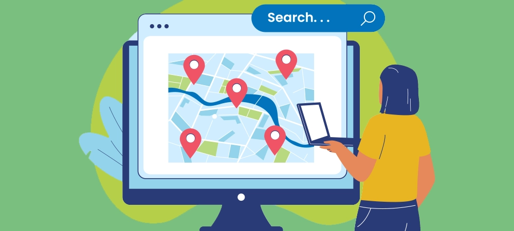 Local SEO with Computer Map and Location Pins Illustration. Illustrations for websites, landing pages, mobile apps, posters and banners