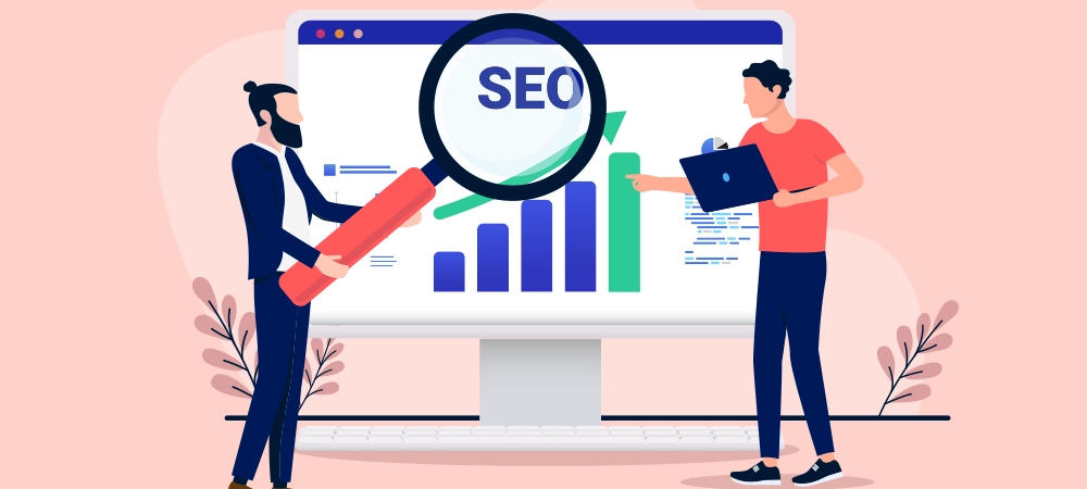 Search engine optimisation - People working on analytics and SEO research with magnifying glass and computers. Flat design vector illustration