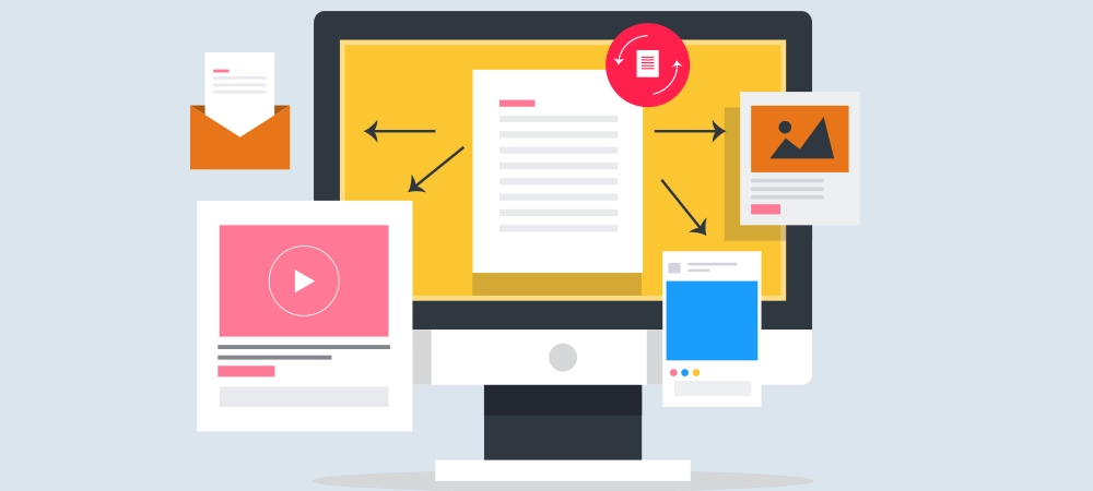 Content marketing strategy, Content repurposing to reach greater audience, Content recycling for more audience outreach - vector illustration banner with icons