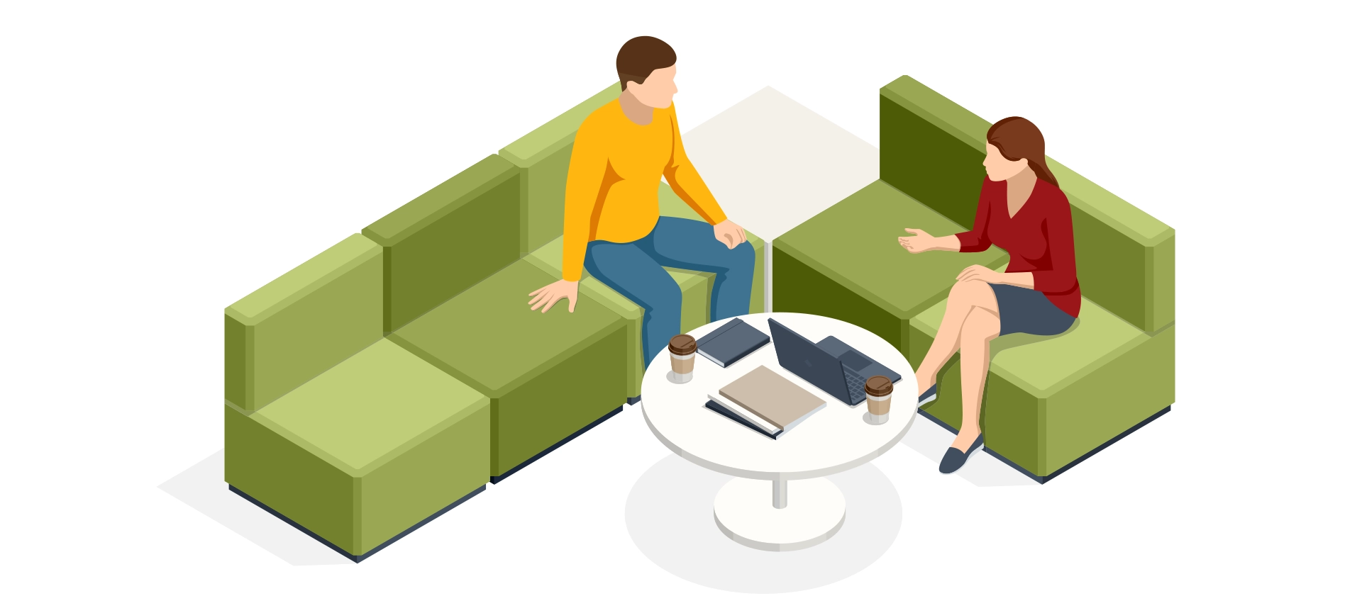 two professionals discussing business on green lounge chairs around a coffee table in a modern coworking space, featuring laptops, coffee cups, and notebooks.