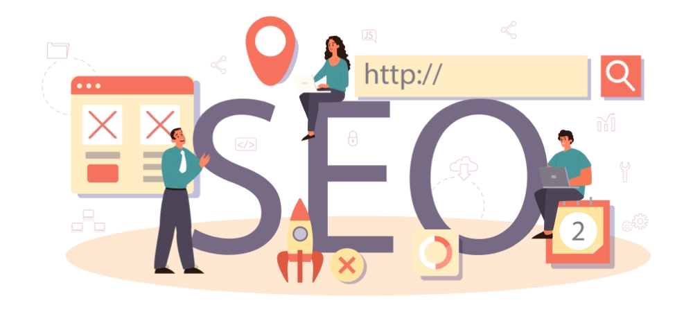 SEO typographic header. Idea of search engine optimization for website as marketing strategy.